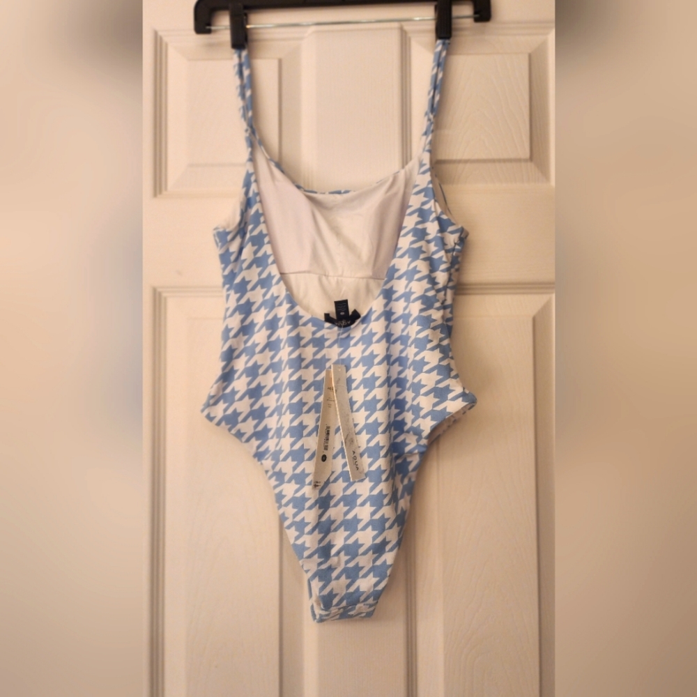 AQUA Swim One-piece Swimsuit in houndstooth blue and white size Small - Picture 3 of 6